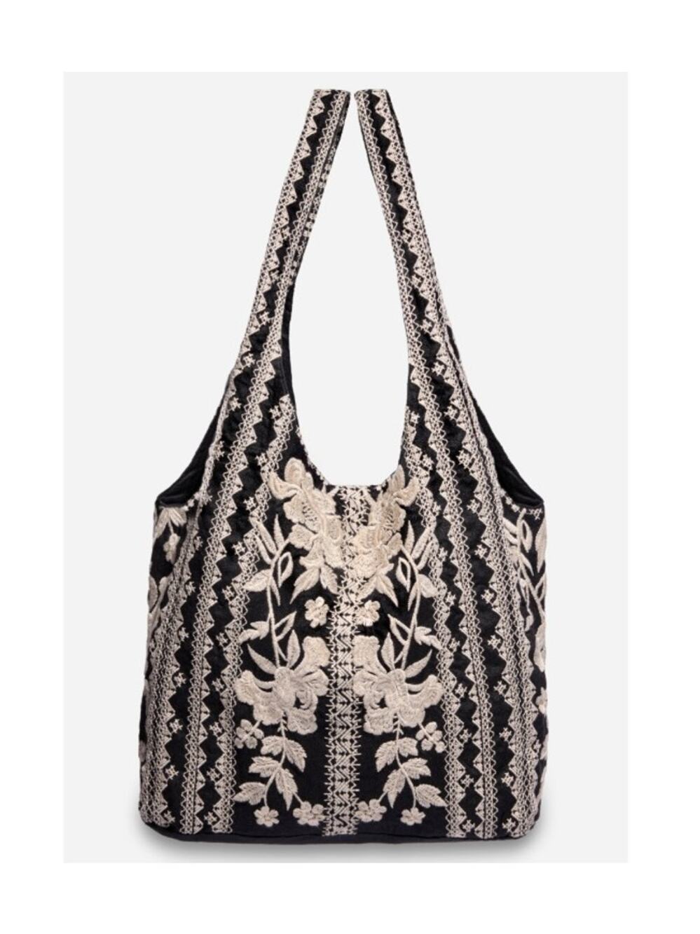 NEW JOHNNY WAS SLOUCHY LINEN TOTE BAG EMBROIDERED BLACK AND WHITE